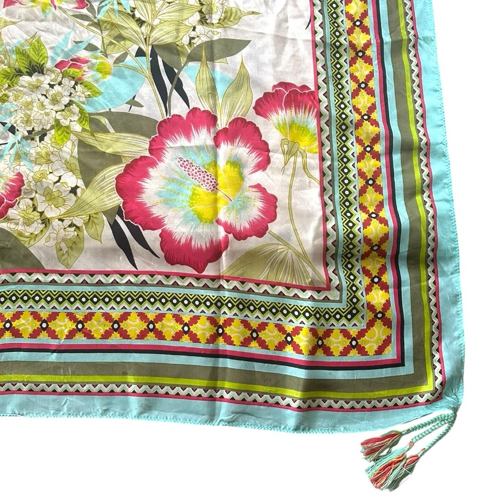 Johnny Was Aqua Multicolor Patterned Silk Scarf with Tassels - Picture 4 of 11